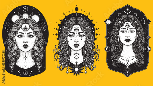 Engraved goddess with third eye, symbolizing spiritual awakening, cosmic sight, and divine wisdom in a mystical, cosmic design