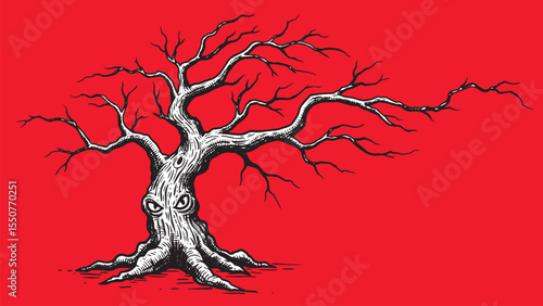 Engraved haunted tree symbolizing ancient wisdom, spiritual energy, and the mystical forces of the natural world