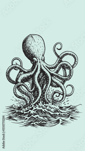 Engraved kraken celestial mythical sea monster detailed cosmic bold classic graphic deep ocean design