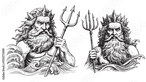 Engraved Poseidon god of the sea trident in hand bold cosmic ancient Greece design
