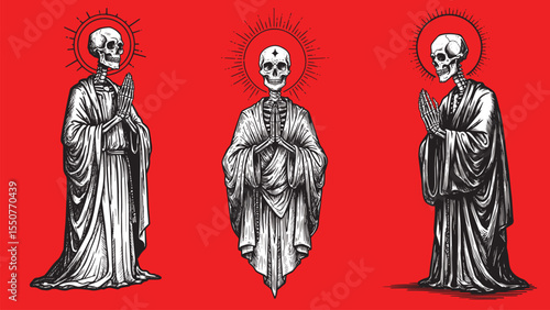 Engraved praying skeleton, symbolizing death and spirituality, halo and robes blending cosmic energy and mysticism