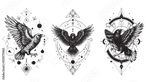Engraved raven with open wings, embodying transformation, spiritual guidance, and mystical wisdom in cosmic dark art design