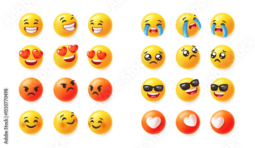 Set of 3d emoji. Icons with emoticons for social networks expressing positive and negative emotions. Funny Comic Emoji. Realistic cartoon vector illustration collection isolated on background