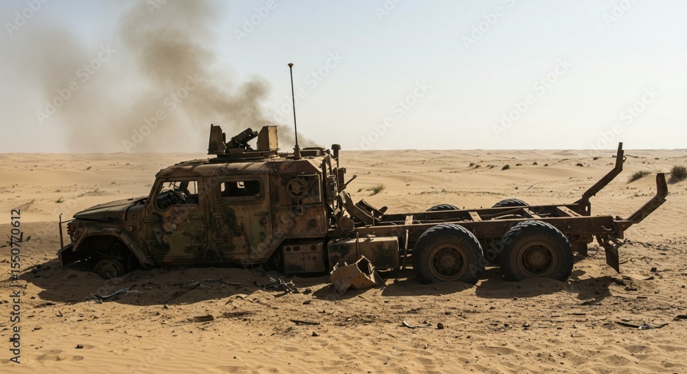 Fototapeta premium Destroyed Military Truck in Desert Warzone