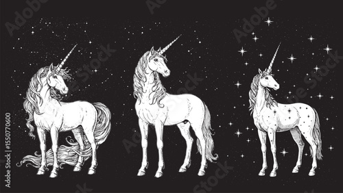 Engraved unicorn celestial mystical magical detailed cosmic bold classic graphic spiritual fantasy design
