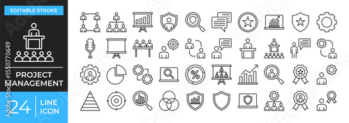 Project management icon set. Containing strategy, development, teamwork, meeting, process, leadership, organization, research, planning and more. Vector illustration