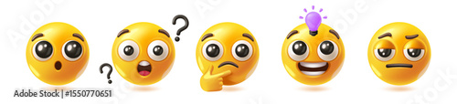 Set of thoughtful 3D emoji. Round yellow emoticons expressing emotion of thoughtfulness, curiosity, shock and insight. Realistic cartoon vector illustration collection isolated on background