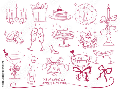 Whimsical wedding ceremony icons set. Doodle stickers in trendy style with cocktail, food and rings. Design for menu and holiday invitation. Hand drawn vector illustration isolated on background