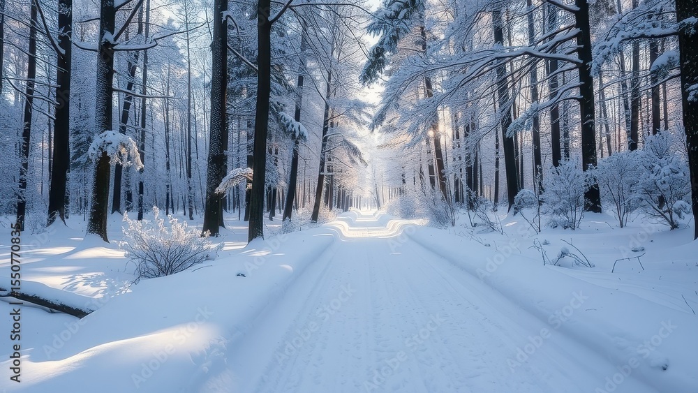 Obraz premium Snowy path through a winter forest with sunlight shining through trees