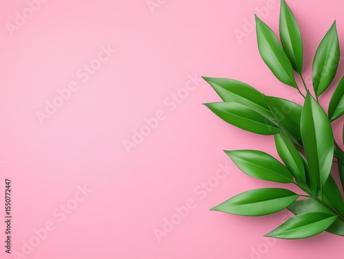 Lush green leaves on vibrant pink background