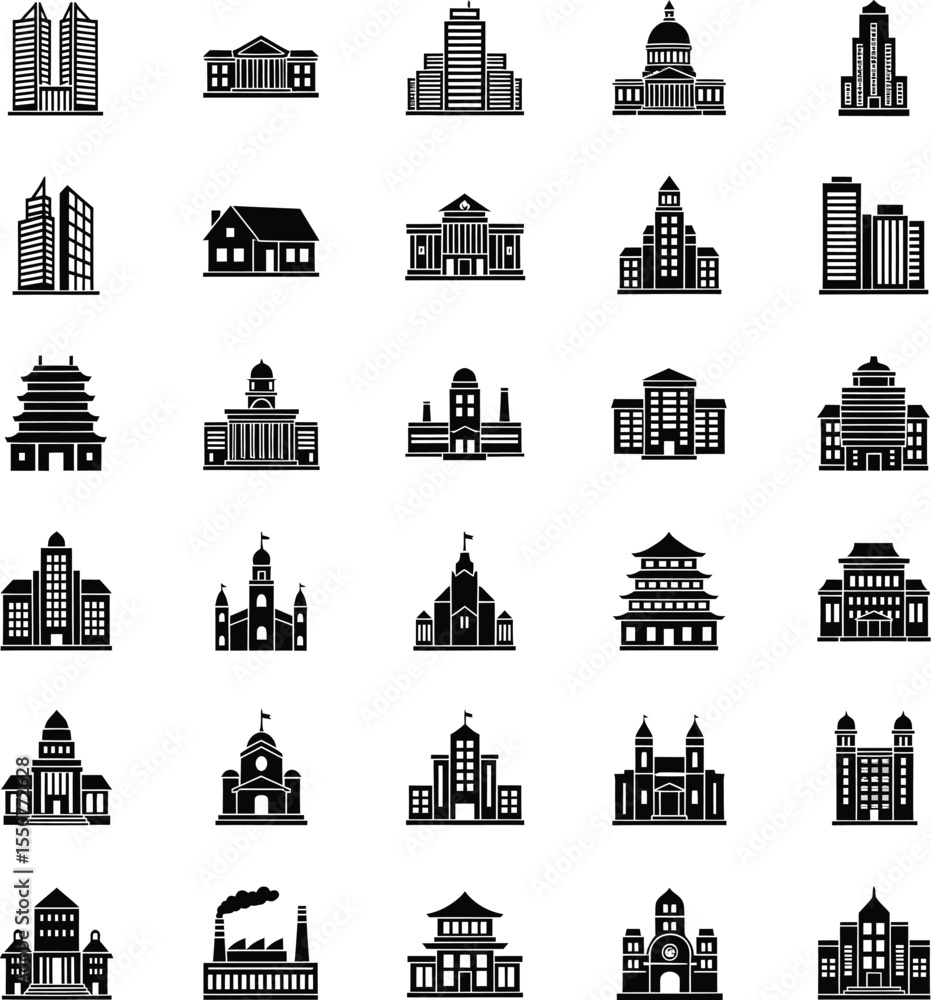 Fototapeta premium Black Building Silhouettes - Diverse Architectural Icons Grik