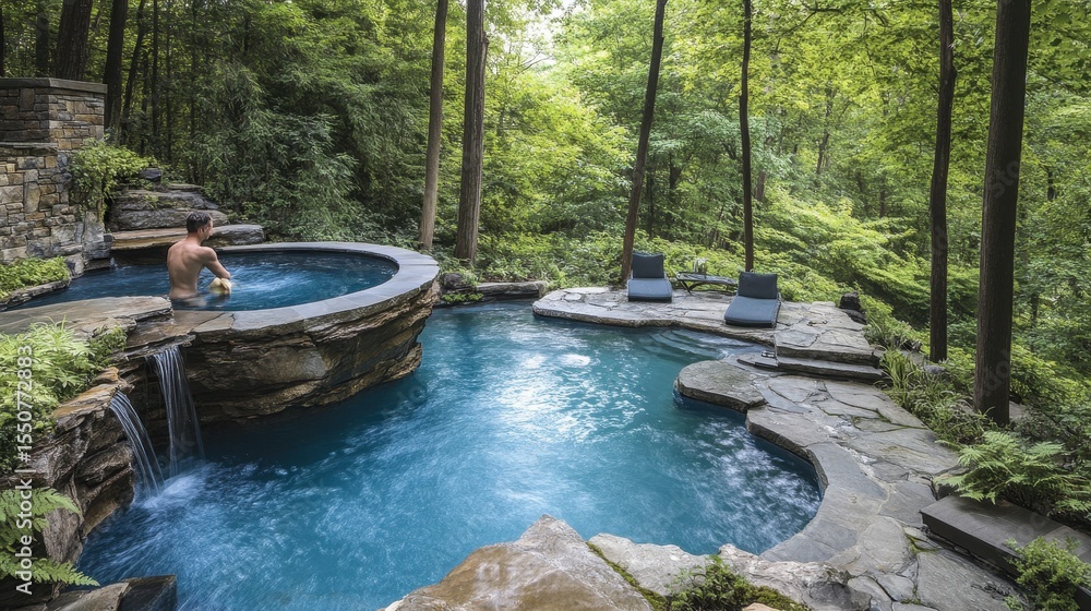 Naklejka premium Serene Outdoor Water Treatment Pool with Relaxing Spa Surroundings