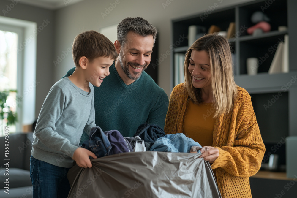 Obraz premium Family sorting colorful pile of clothes in cozy room filled with laughter and the warmth. Donations for charity, help low income.