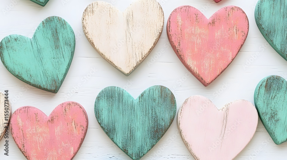 Obraz premium Pastel Wooden Hearts Background Valentine's Day