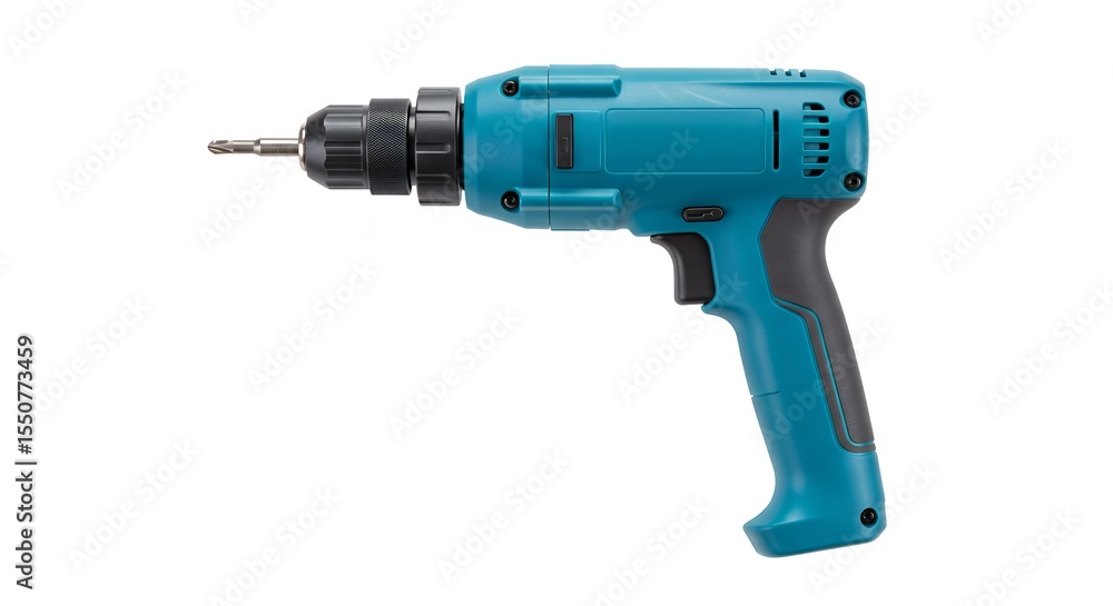 Teal electric drill on white background Teal electric drill on white background
