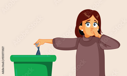 Woman Throwing Smelly Spoiled Fish at the Garbage Vector Cartoon Character. Person disposing of spoiled seafood in the trash bin
