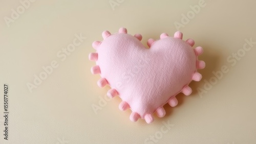 Pink heart shaped pillow with pom poms on a beige background