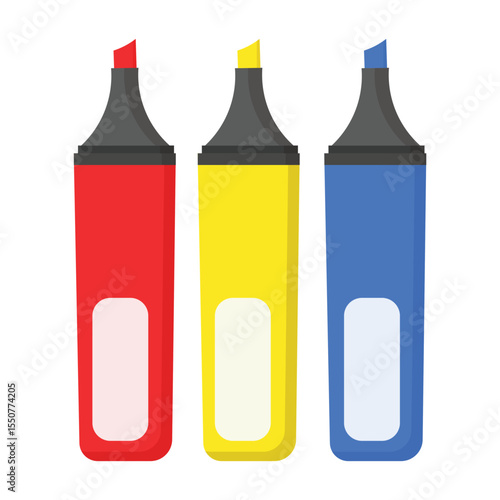 Set of three colorful highlighters in red, yellow, and blue. Flat vector design for school, office, or creative project icons.
