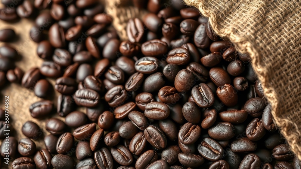 Naklejka premium Roasted coffee beans spilling from a burlap sack on a brown surface