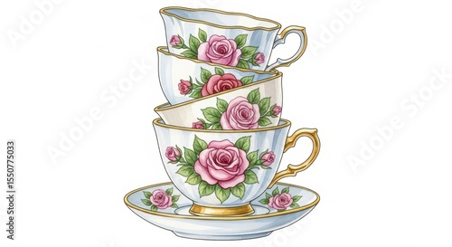 Elegant Stack of Rose Teacups Watercolor Illustration