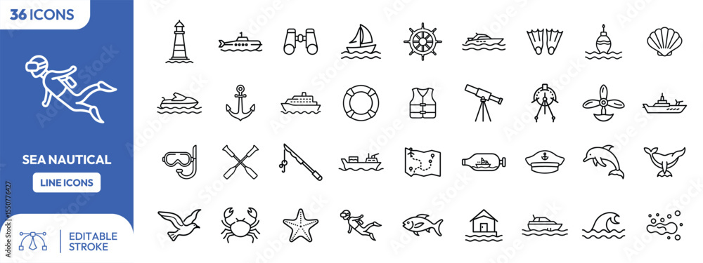 Collection of thirty-four nautical line icons depicting various seafaring, marine life, and navigational symbols. Collection of thirty-four nautical line icons depicting various seafaring, marine life, and navigational symbols.