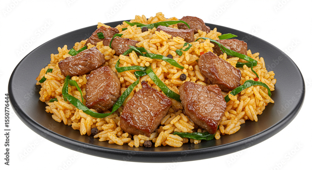 Traditional Brazilian Arroz Carreteiro with Juicy Meat and Authentic Seasonings Isolated on White Background prompts Traditional Brazilian Arroz Carreteiro with Juicy Meat and Authentic Seasonings Isolated on White Background prompts