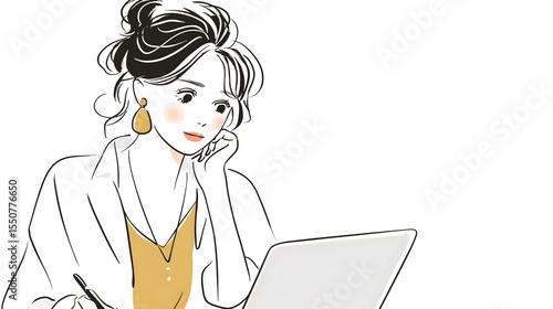 考えながらパソコンで作業をする女性のシンプルでエレガントなイラスト
