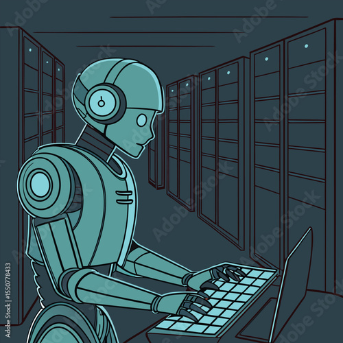 Robot typing on keyboard in a dark server room