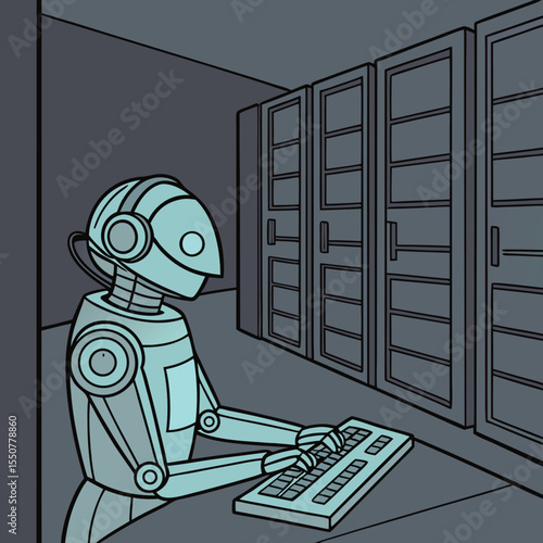 Robot typing on keyboard in a dark server room