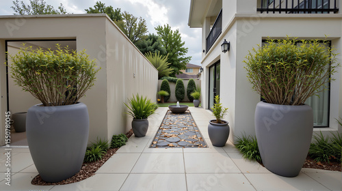 Modern garden courtyard with planters and stone water fountain