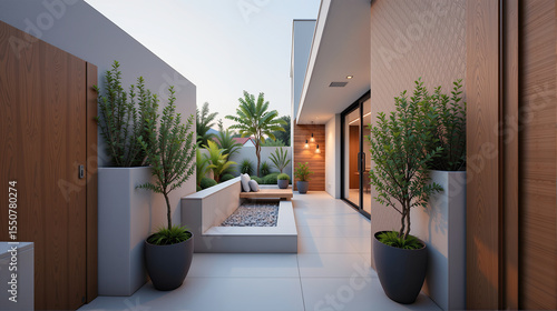 Modern outdoor patio with built-in seating and tropical plants