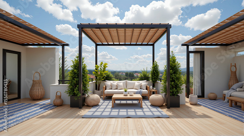 Rooftop terrace with wooden pergola and cozy lounge seating