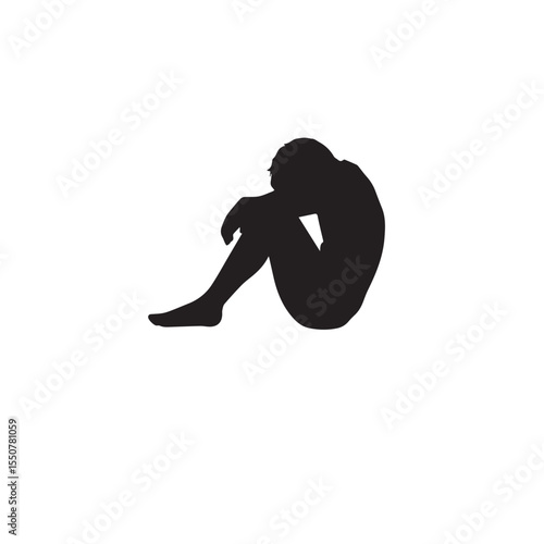 Vector art of a black silhouette of a person sitting alone, head in their knees, isolated on white background