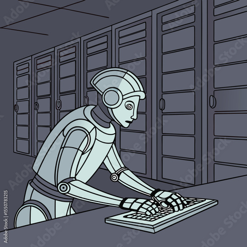 Robot typing on keyboard in a dark server room