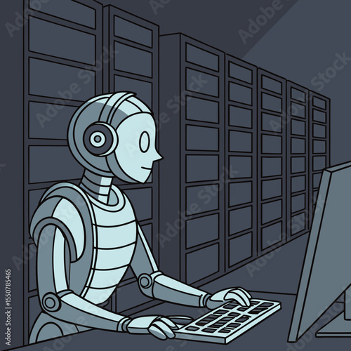Robot typing on keyboard in a dark server room