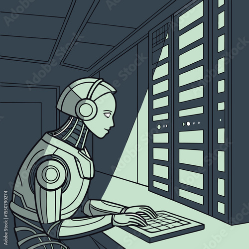 Robot typing on keyboard in a dark server room
