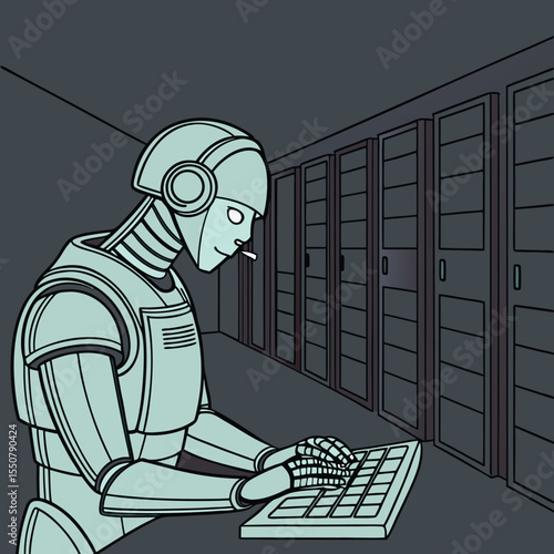 Robot typing on keyboard in a dark server room