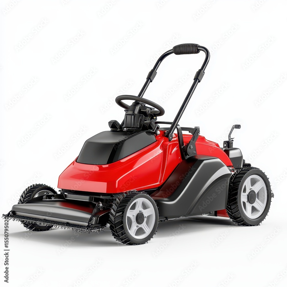 Modern red riding lawn mower with steering wheel isolated on white background Modern red riding lawn mower with steering wheel isolated on white background