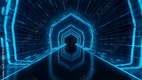 Wallpaper Mural Futuristic Blue Light Tunnel. Animated, glowing geometric shapes, vibrant blue. Technology, data flow, digital journey, abstract. Sci-fi background, gaming, presentations, intros Torontodigital.ca
