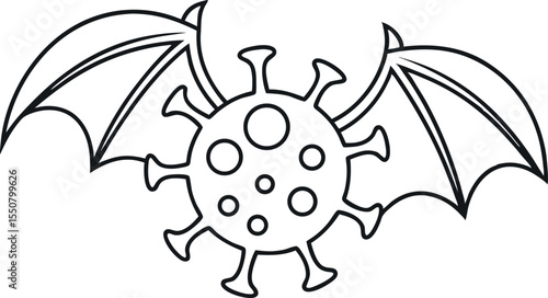 Black and white illustration of a coronavirus symbol with bat wings