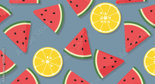 Sliced Watermelon and Lemon Pattern Summer Fruit Flat Lay Design.