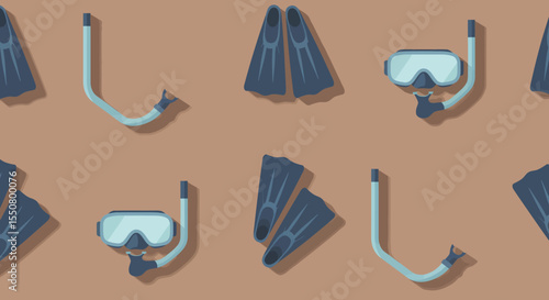 Snorkeling gear blue fins mask and snorkel arranged in a repeating pattern.
