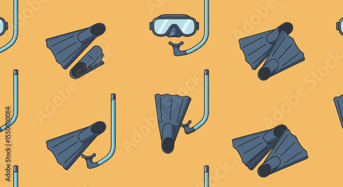 Snorkeling gear pattern featuring fins mask and snorkel in a repeating design.