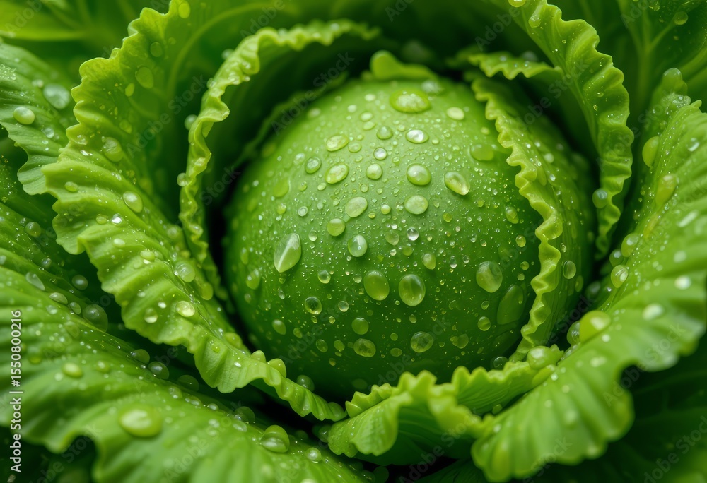 Fototapeta premium Close-up of Fresh Lettuce Leaves Covered in Dew Drops