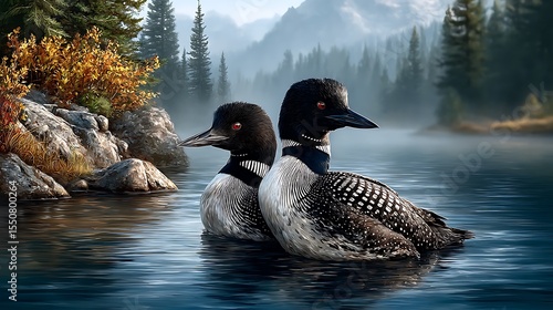 A pair of loons floating serenely on a crystal-clear mountain lake, mist rising in the morning air. .jpg