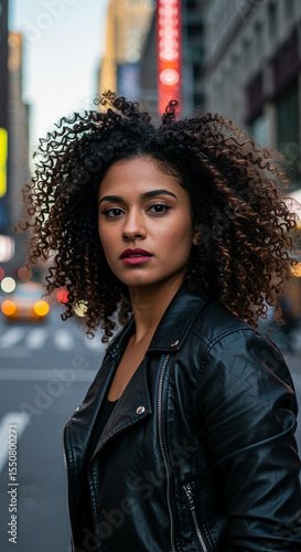 Black woman in leather jacket staring into camera on New York sidewalk