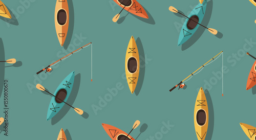 Colorful Kayaks and Fishing Rods Pattern Flat Lay of Recreational Water Activities.