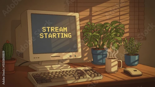 Retro Stream Setup. Cozy Computer Desk Illustration. Stream starting soon screen, overlay loop, animated virtual backgrounds, cozy lo-fi gaming room view. vtuber asset twitch zoom OBS.