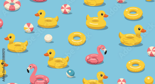 Playful Pool Floats Cartoon Ducks Flamingo Rings and Beach Balls Pattern.