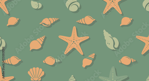 Playful Sea Life Pattern Starfish and Shells in Earthy Tones.